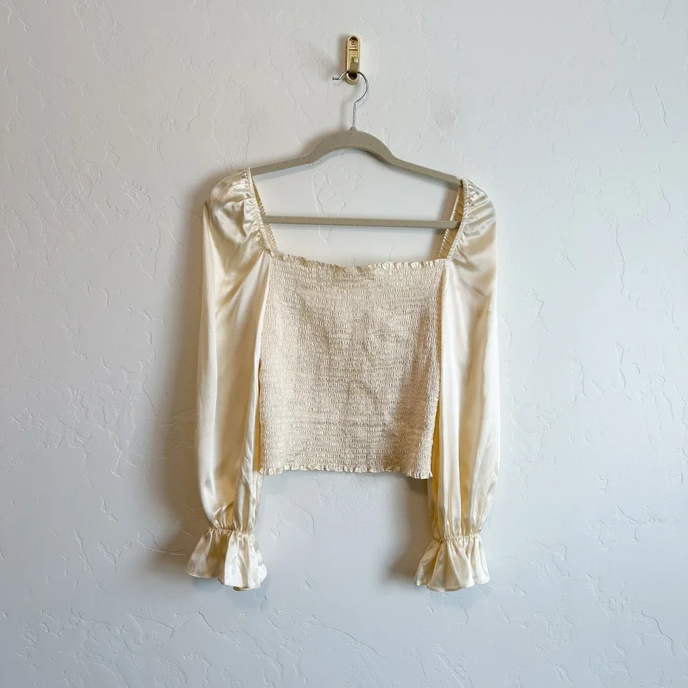 Reformation | Chamomile 100% Silk Smocked Satin Long Sleeve Top in Custard